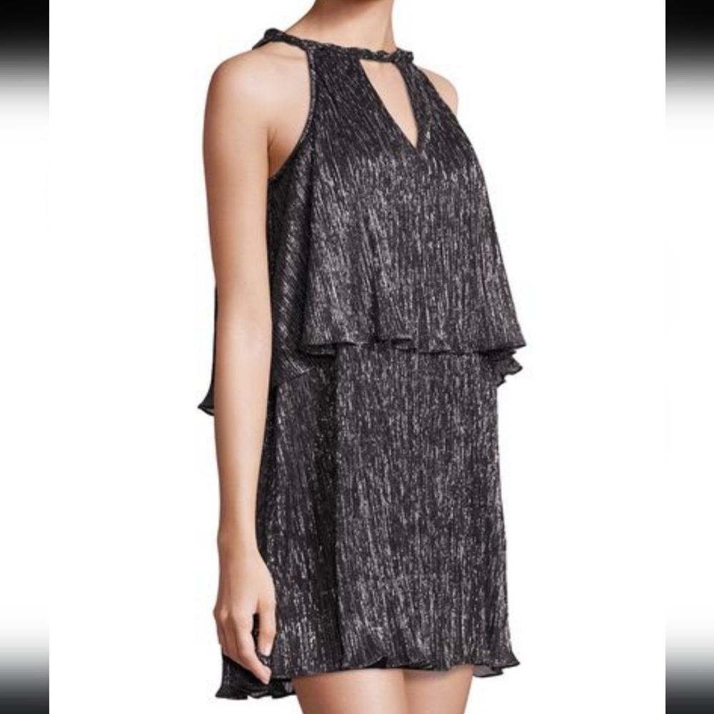 Ella Moss Metalic Tiered Crinkle Mini Halter Dress Silver & Black Medium